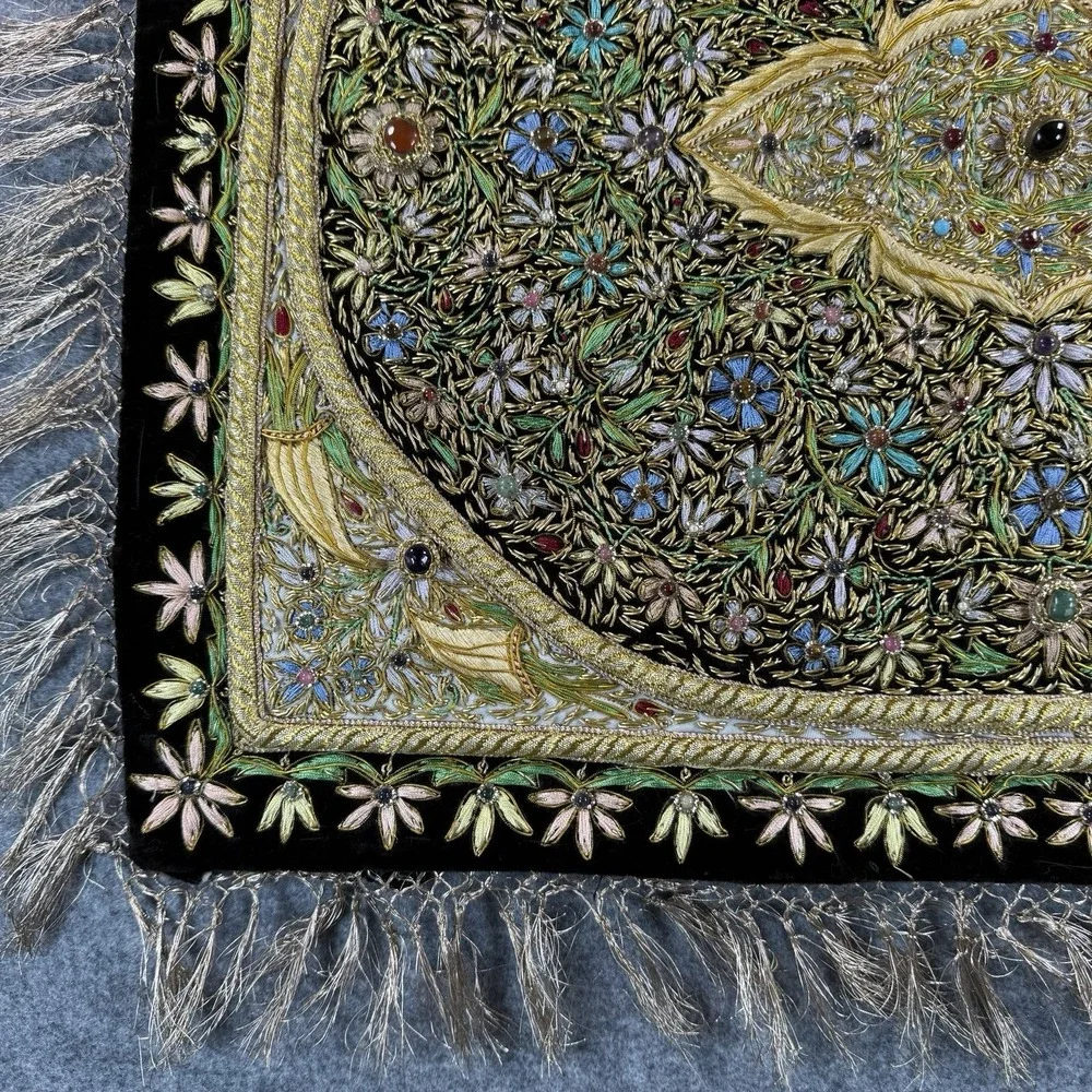Vintage India Embroidered Wall Hanging Tapestry Beaded Ornate Black Gold Velvet